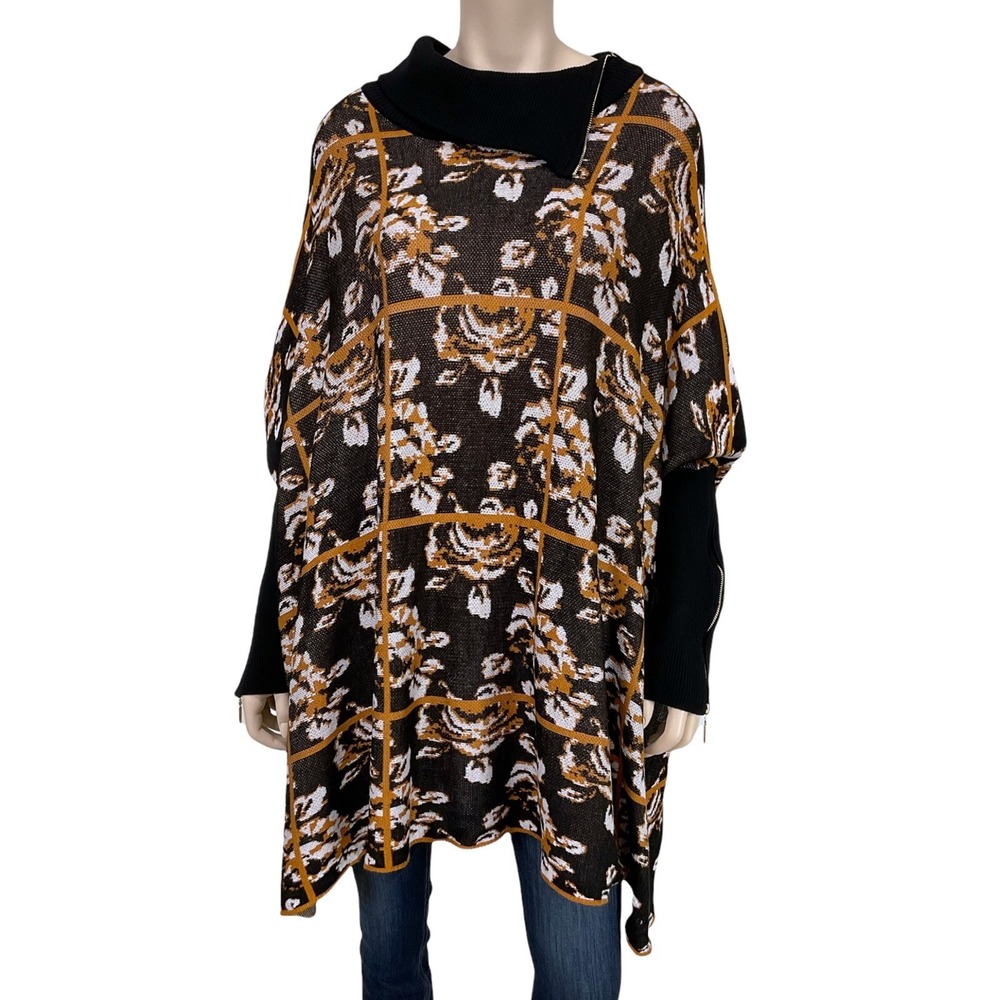 Joseph A Sweater Women Size XL Black Long Sleeve Floral Turtleneck Oversized NWT